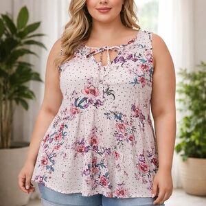 Torrid Baby Doll Top Black White Polka Dots Pink Flowers Floral Print Si…